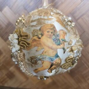 Christmas Tree Ornament Multi Media Angels Cherubs Round Ball Gold Painted